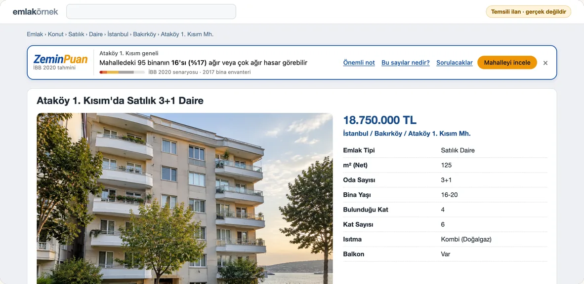 Temsili bir ilan sayfasında, başlığın üstünde ZeminPuan şeridi: Bakırköy Ataköy 1. Kısım için İBB 2020 bina hasar tahmini