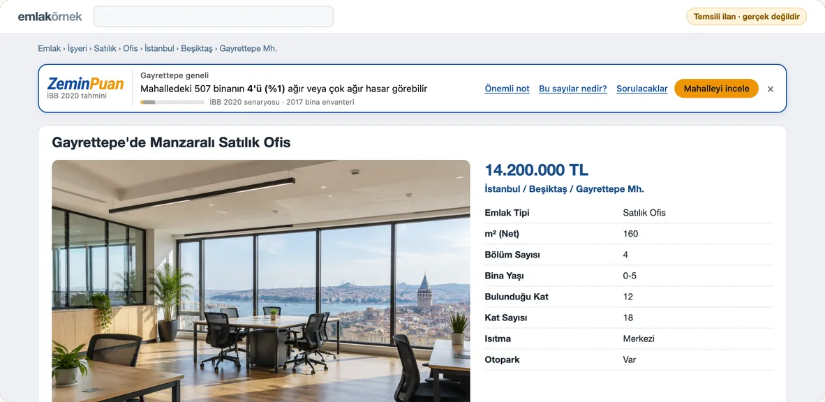 Temsili bir ofis ilanında ZeminPuan şeridi: Beşiktaş Gayrettepe için İBB 2020 bina hasar tahmini